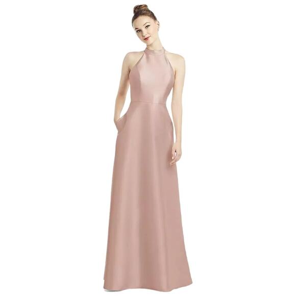 Alfred Sung D772 Toasted Sugar High Neck Cutout Back Satin Pockets Maxi Dress 2 - Picture 1 of 7